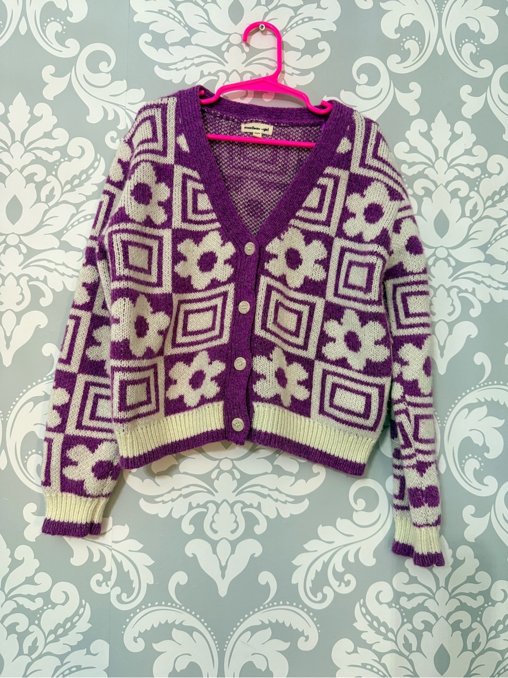 🌿4/$25 • Monteau Girl Purple Floral Geometric Button-Up Cardigan Sweater